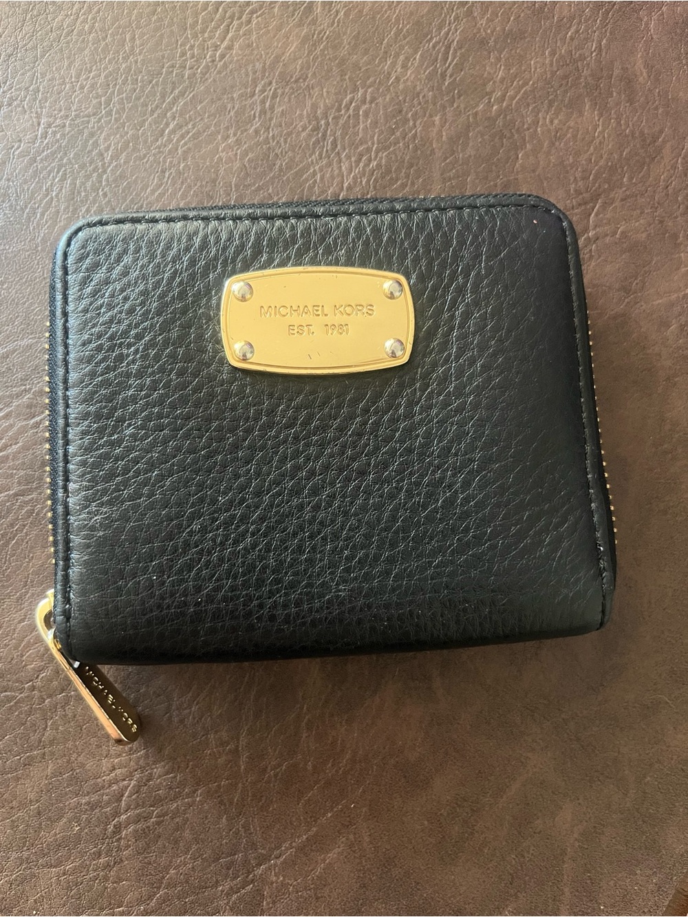 Michael Kors Black Leather Zip-Around Wallet with Gold Plate